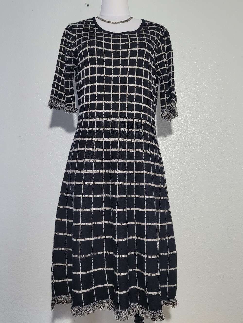 Nina Leonard Jacquard Black & White Plaid Print Knee Lenght Midi Dress Sz Large